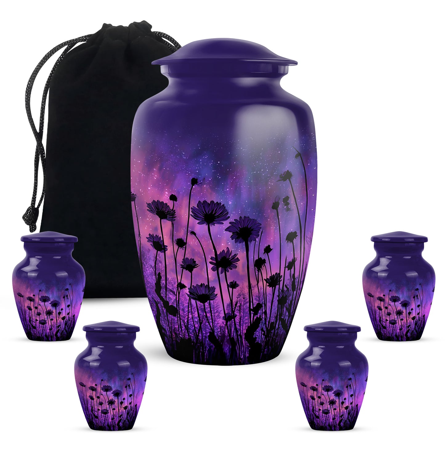 Serene Blue Daisy Cremation Urn top-down view of secure threaded lid - elegant classic daisy relief with fine detailing - memorial set with one large and four small urns