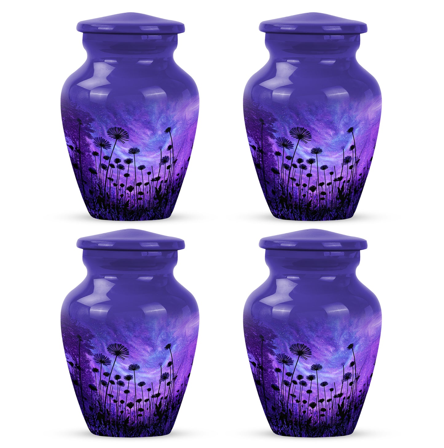 Royal Blue Daisy Cremation Urn side profile showing urn shape - traditional daisy engraving with hand-polished finish - 10 inch aluminum urn for cremated remains