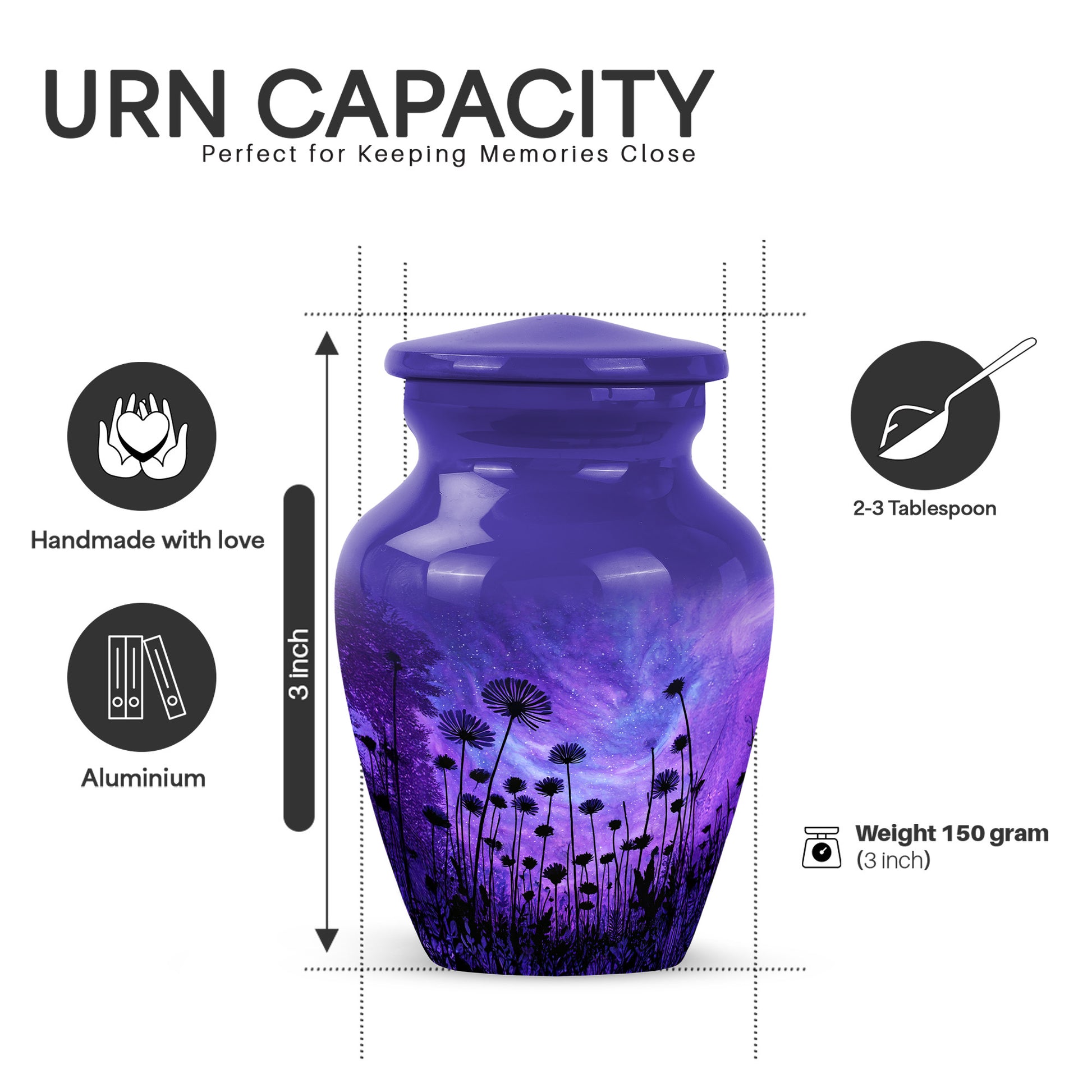 Indigo Daisy Cremation Urn close-up of engraving and surface detail - timeless daisy motif etched into premium metal - mini keepsake memorial for portion of cremation ashes