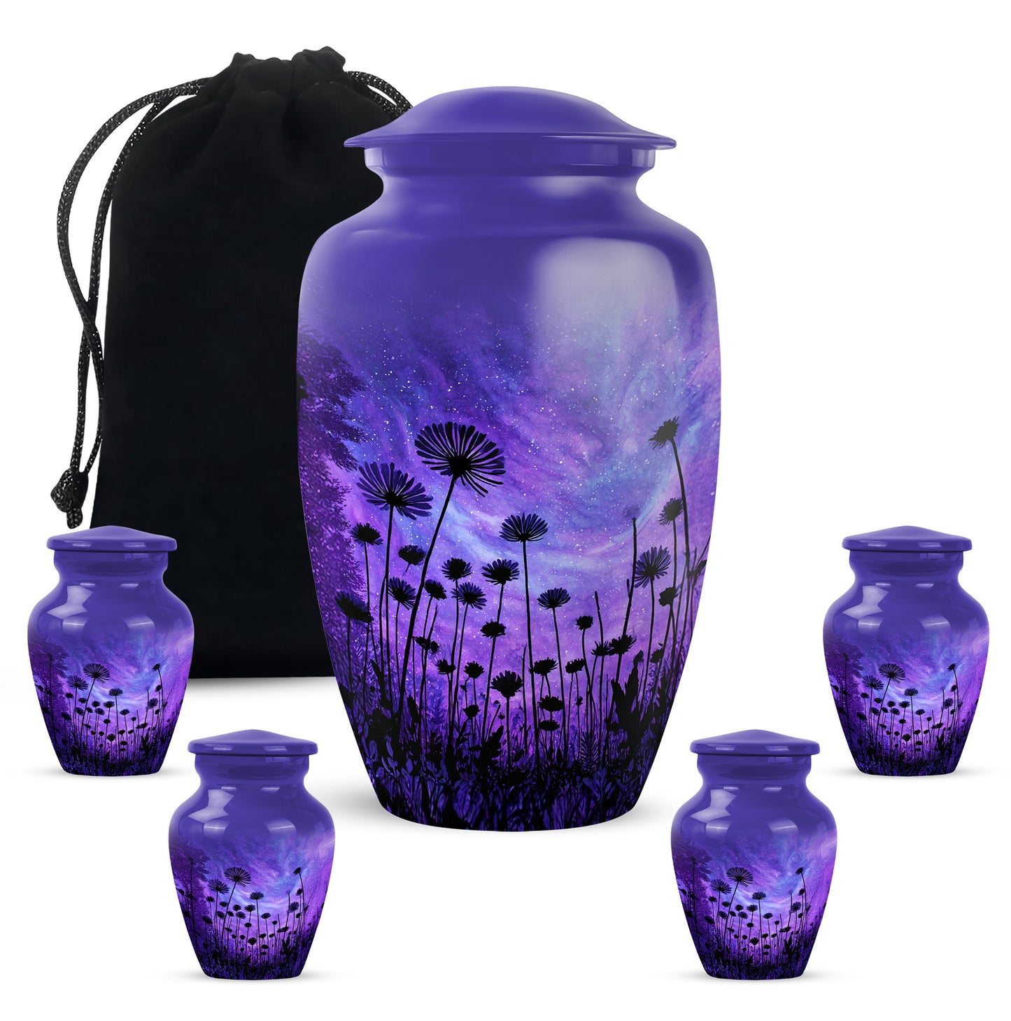 Calming Blue Daisy Cremation Urn top-down view of secure threaded lid - elegant classic daisy relief with fine detailing - memorial set with one large and four small urns