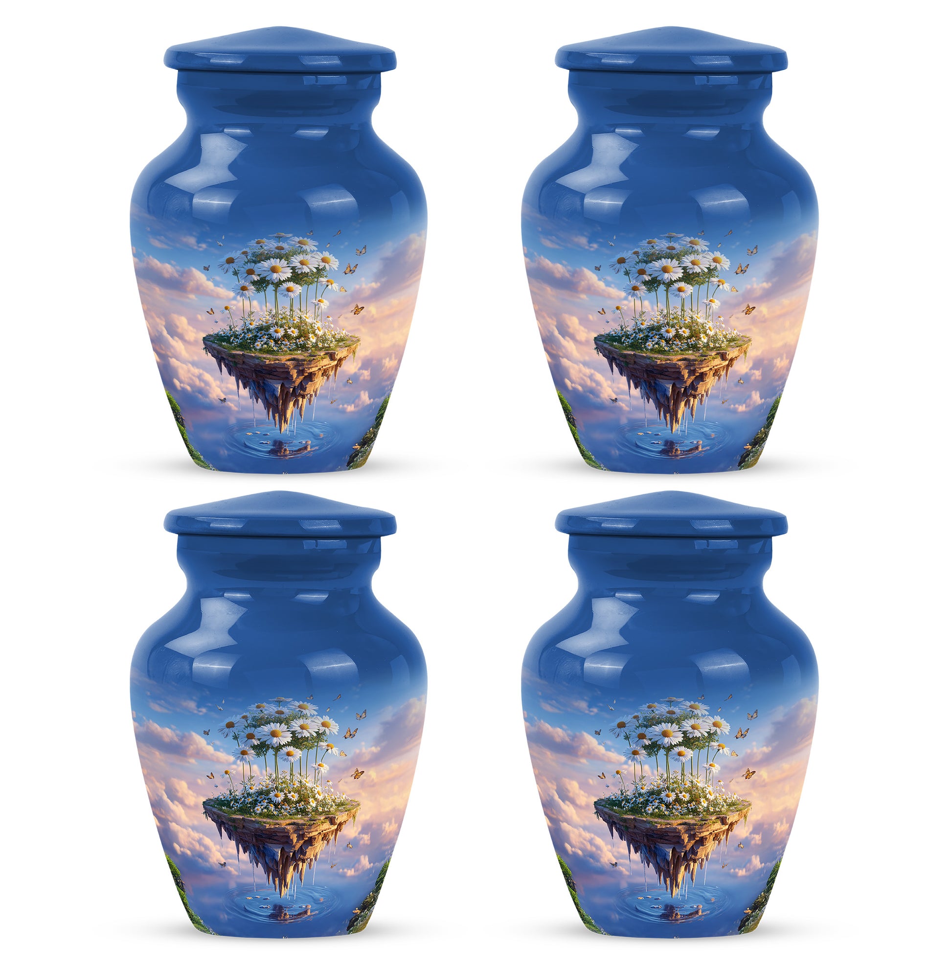 Vivid Blue Daisy Cremation Urn side profile showing urn shape - traditional daisy engraving with hand-polished finish - 10 inch aluminum urn for cremated remains