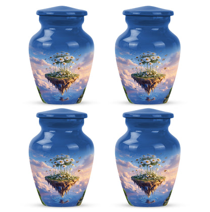 Vivid Blue Daisy Cremation Urn side profile showing urn shape - traditional daisy engraving with hand-polished finish - 10 inch aluminum urn for cremated remains