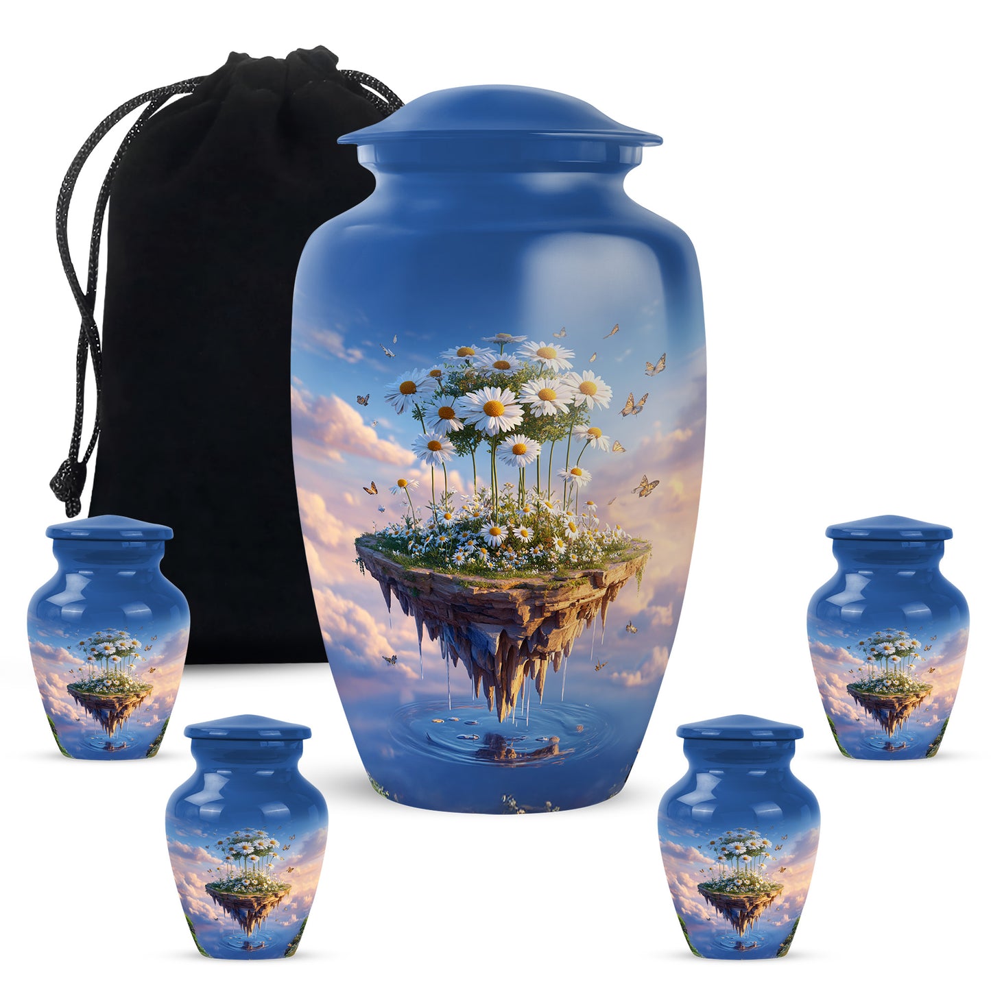 Dusty Blue Daisy Cremation Urn top-down view of secure threaded lid - classic sculpted daisy pattern on smooth aluminum - memorial set with one large and four small urns