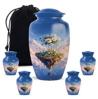 Dusty Blue Daisy Cremation Urn top-down view of secure threaded lid - classic sculpted daisy pattern on smooth aluminum - memorial set with one large and four small urns