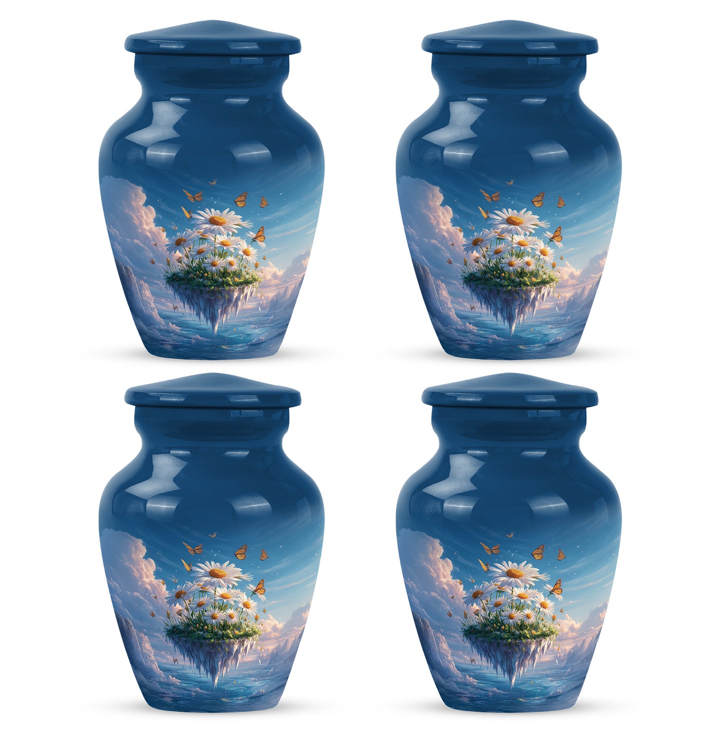 Misty Blue Daisy Cremation Urn side profile showing urn shape - classic sculpted daisy pattern on smooth aluminum - 10 inch aluminum urn for cremated remains