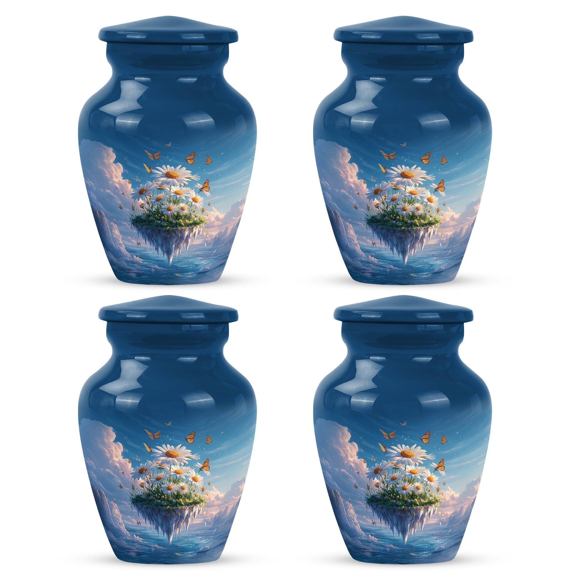 Misty Blue Daisy Cremation Urn side profile showing urn shape - classic sculpted daisy pattern on smooth aluminum - 10 inch aluminum urn for cremated remains