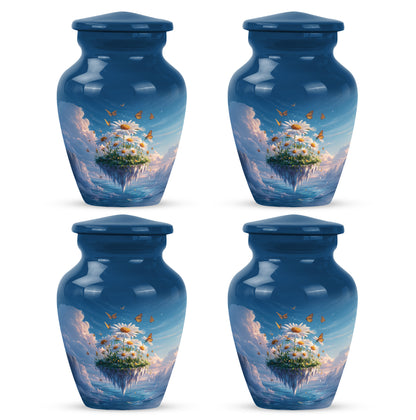 Misty Blue Daisy Cremation Urn side profile showing urn shape - classic sculpted daisy pattern on smooth aluminum - 10 inch aluminum urn for cremated remains