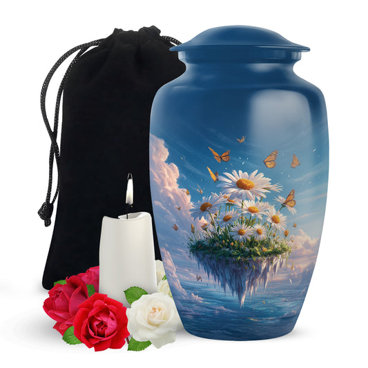 Calming Blue Daisy Cremation Urn angled view of lid and engraved motif - elegant classic daisy relief with fine detailing - full-size 10 inch 200 cubic inch adult cremation urn