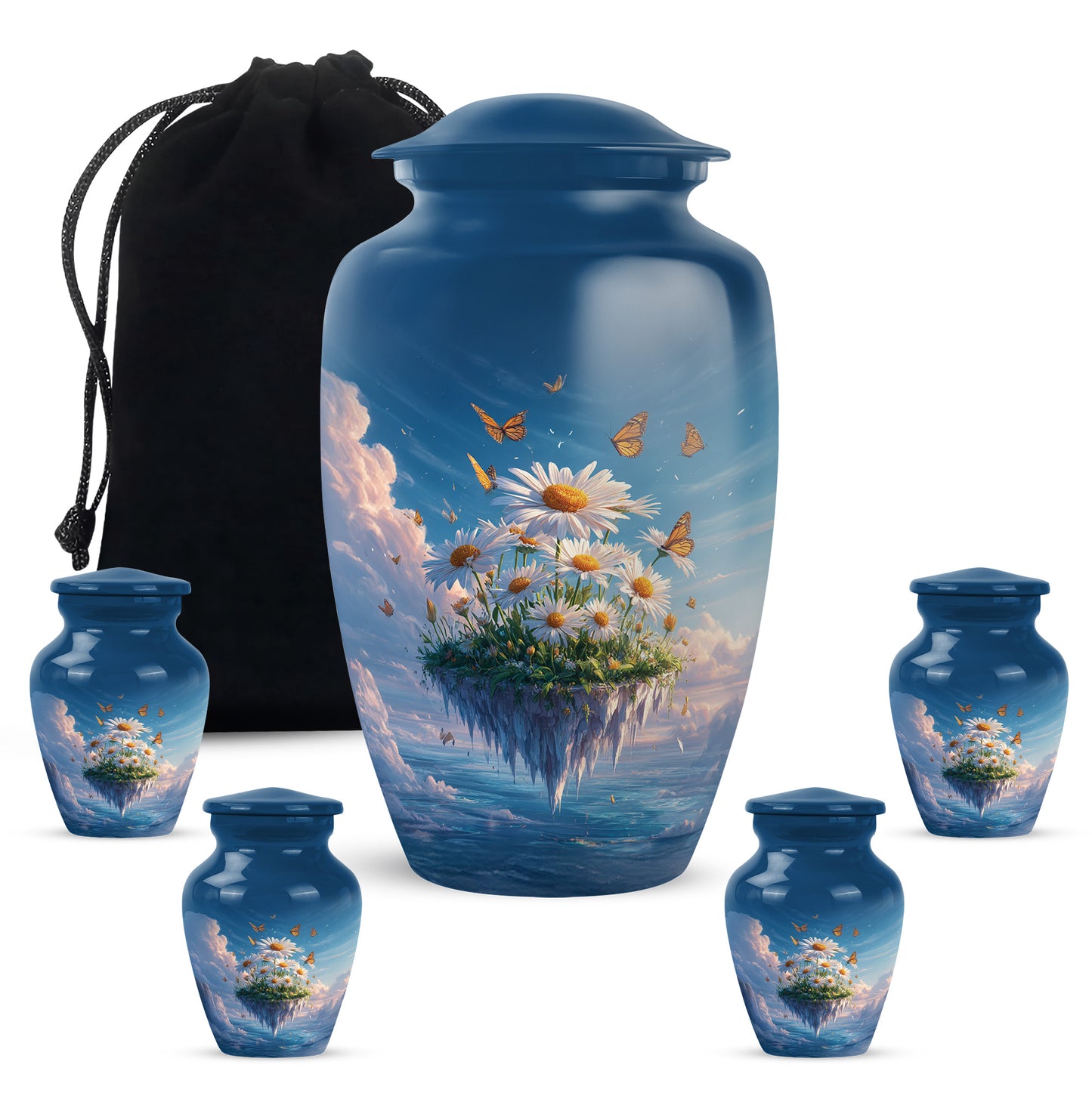 Royal Blue Daisy Cremation Urn top-down view of secure threaded lid - traditional daisy engraving with hand-polished finish - memorial set with one large and four small urns