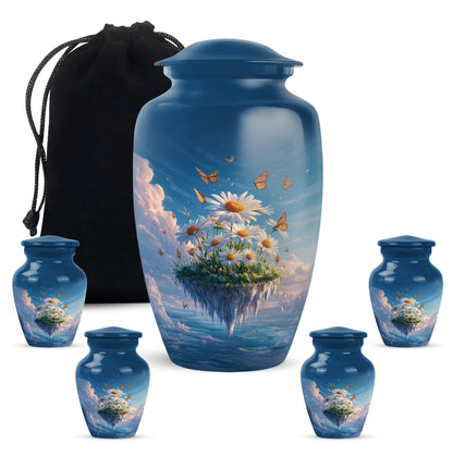 Royal Blue Daisy Cremation Urn top-down view of secure threaded lid - traditional daisy engraving with hand-polished finish - memorial set with one large and four small urns