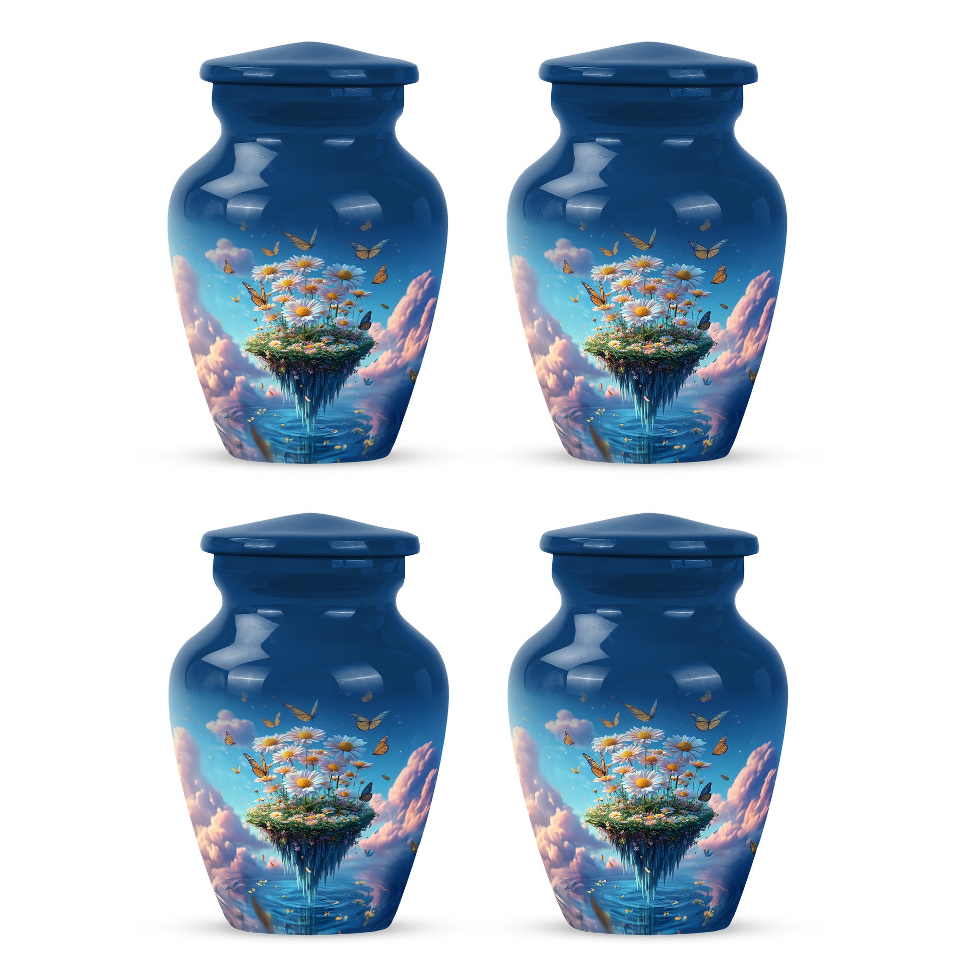 Calming Blue Daisy Cremation Urn side profile showing urn shape - traditional daisy engraving with hand-polished finish - 10 inch aluminum urn for cremated remains