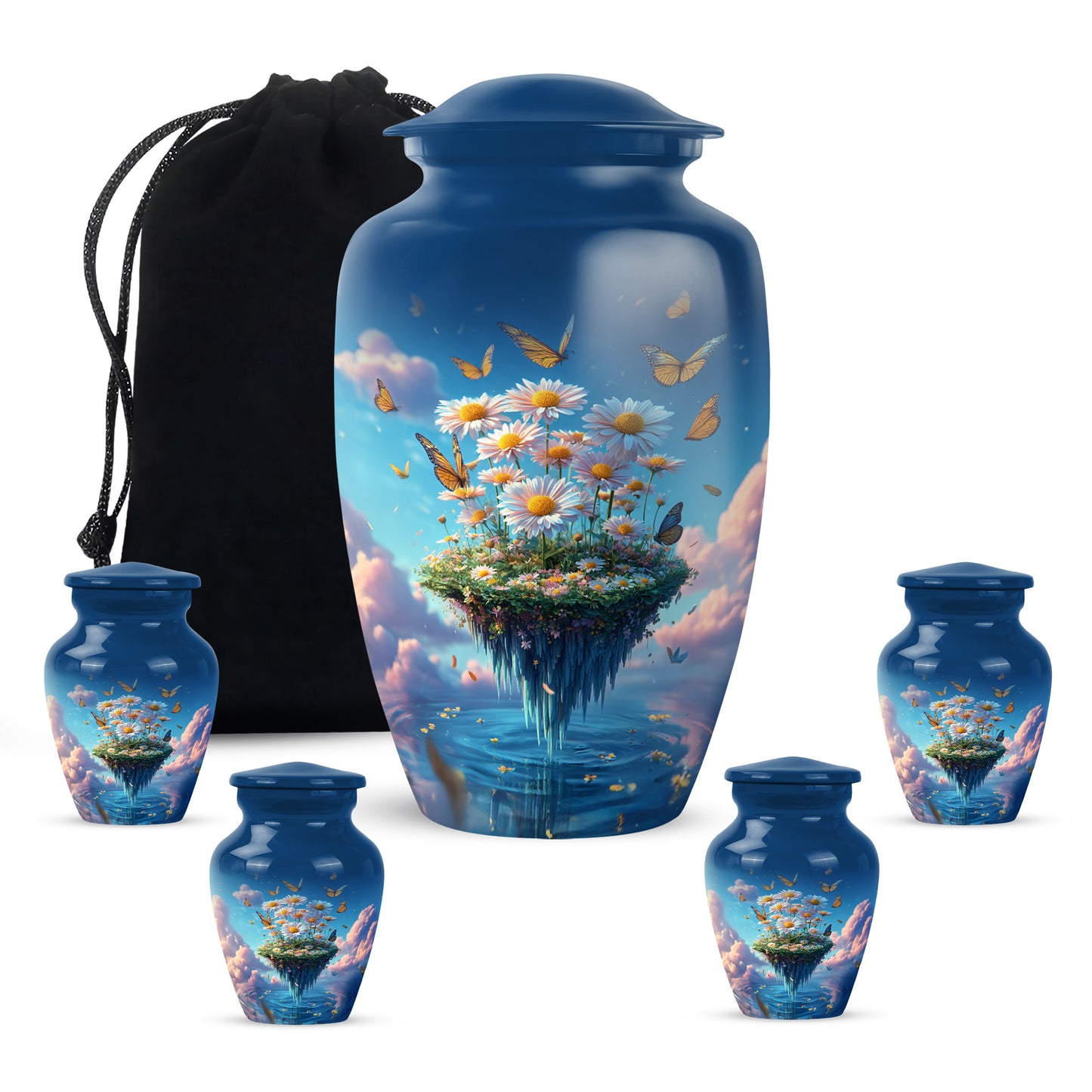 Bright Blue Daisy Cremation Urn top-down view of secure threaded lid - traditional daisy engraving with hand-polished finish - memorial set with one large and four small urns
