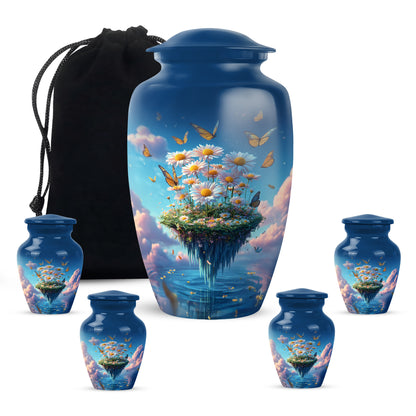 Bright Blue Daisy Cremation Urn top-down view of secure threaded lid - traditional daisy engraving with hand-polished finish - memorial set with one large and four small urns