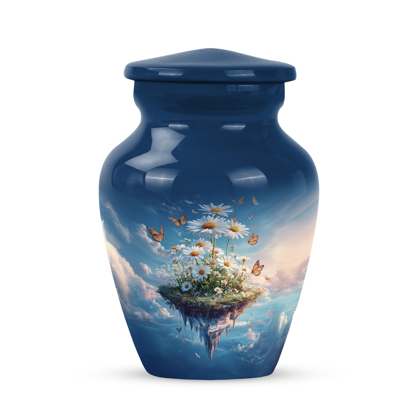 Luminous Blue Daisy Journey Urn for Human Ashes - 10-inch, 200 cu in - Yatskia