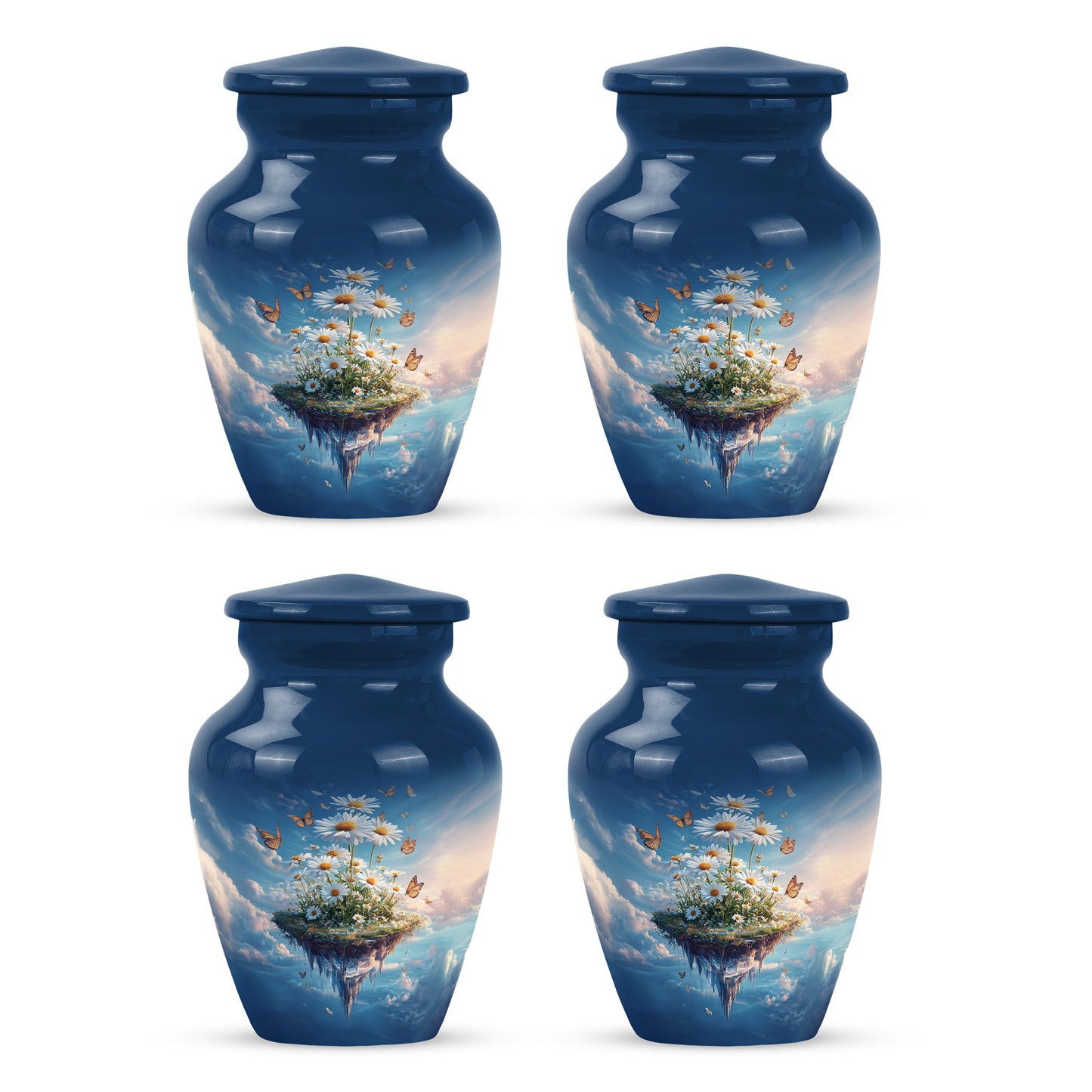 Sky Blue Daisy Cremation Urn side profile showing urn shape - timeless daisy motif etched into premium metal - 10 inch aluminum urn for cremated remains
