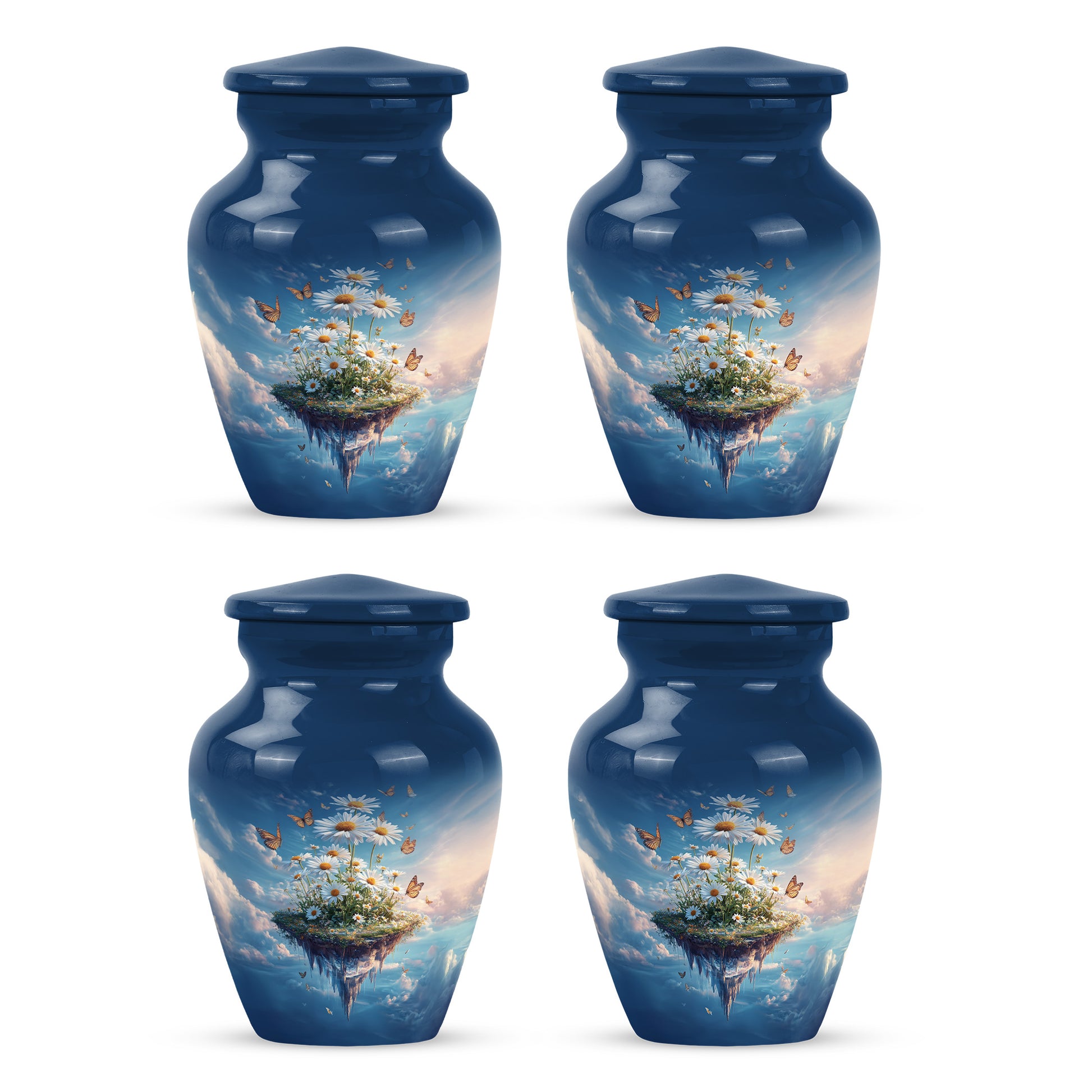 Sky Blue Daisy Cremation Urn side profile showing urn shape - timeless daisy motif etched into premium metal - 10 inch aluminum urn for cremated remains