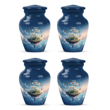 Sky Blue Daisy Cremation Urn side profile showing urn shape - timeless daisy motif etched into premium metal - 10 inch aluminum urn for cremated remains
