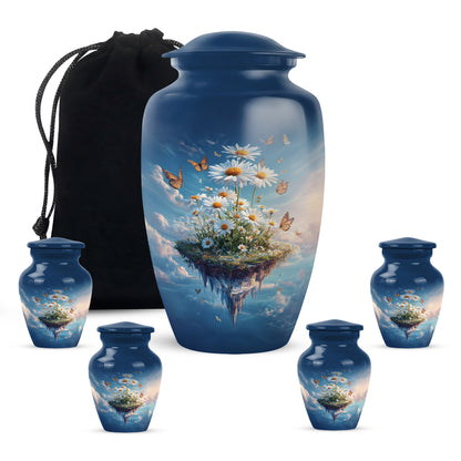 Sky Blue Daisy Cremation Urn top-down view of secure threaded lid - timeless daisy motif etched into premium metal - memorial set with one large and four small urns