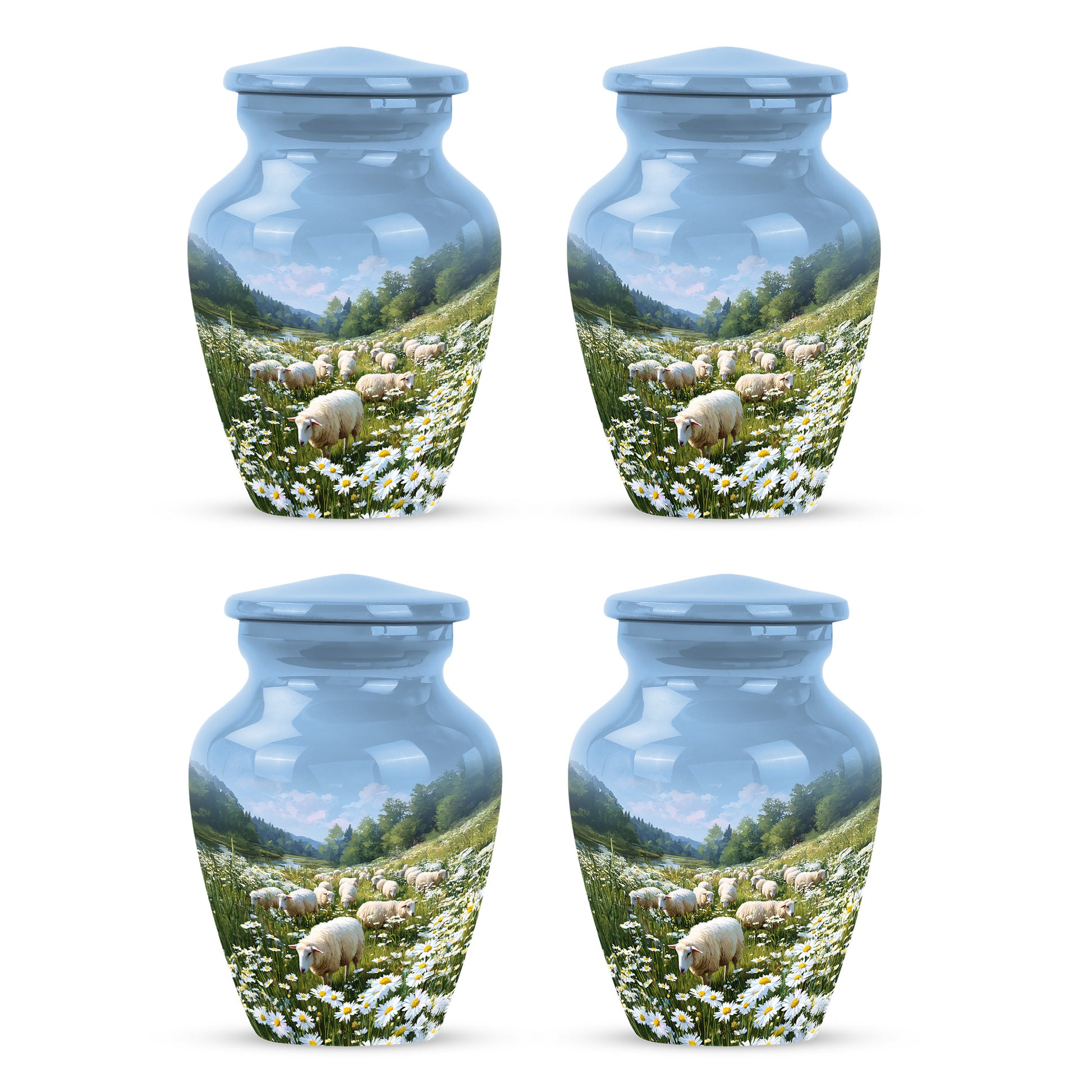Cobalt Blue Daisy Cremation Urn side profile showing urn shape - elegant classic daisy relief with fine detailing - 10 inch aluminum urn for cremated remains