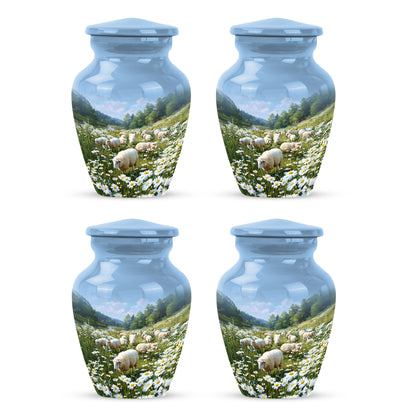 Cobalt Blue Daisy Cremation Urn side profile showing urn shape - elegant classic daisy relief with fine detailing - 10 inch aluminum urn for cremated remains