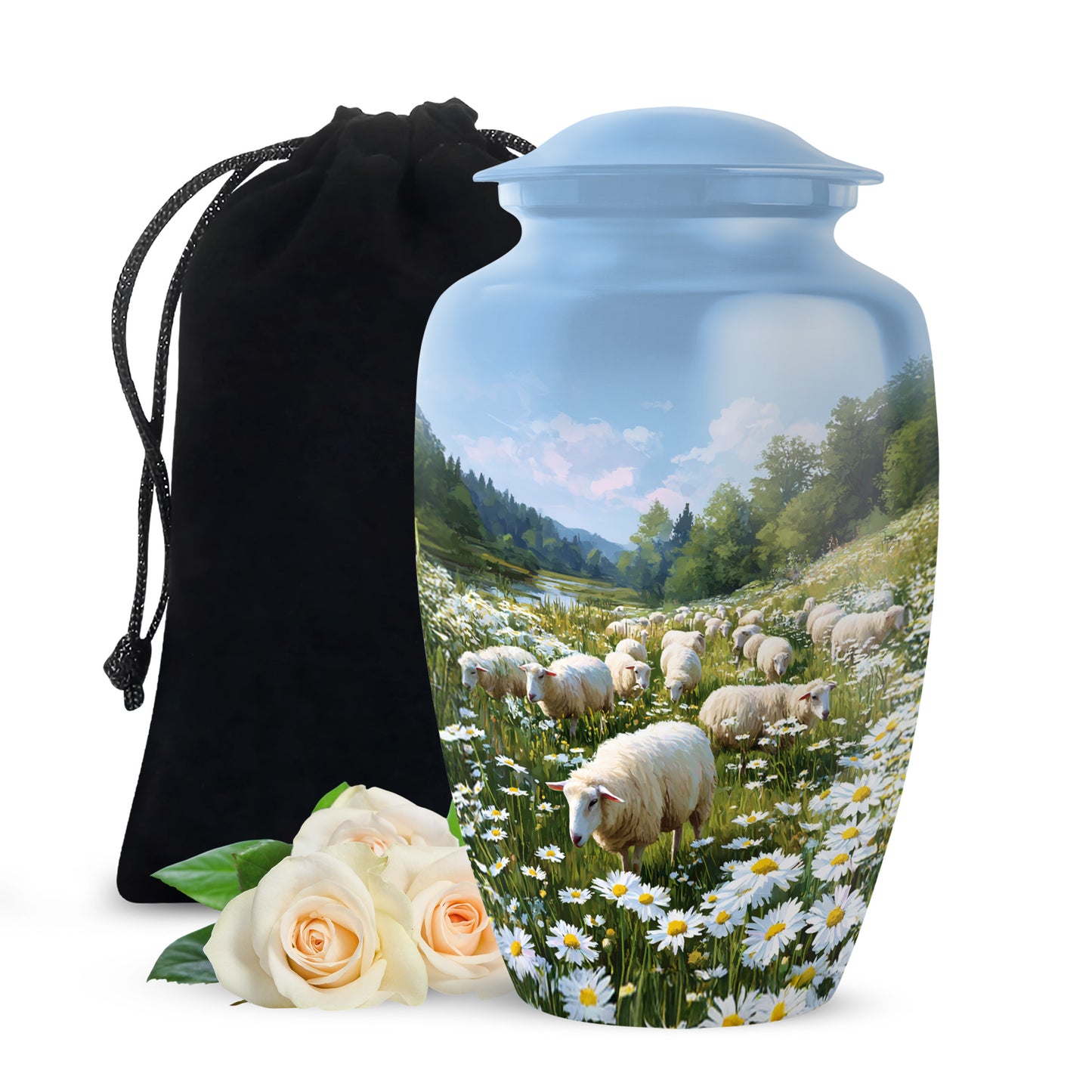 Sky Blue Daisy Cremation Urn angled view of lid and engraved motif - timeless daisy motif etched into premium metal - full-size 10 inch 200 cubic inch adult cremation urn