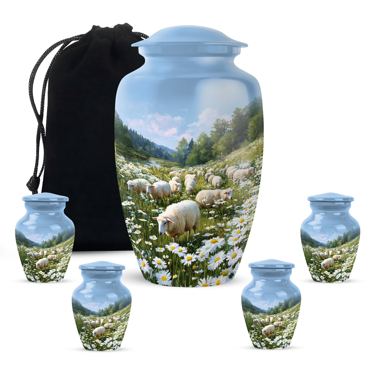 Vivid Blue Daisy Cremation Urn top-down view of secure threaded lid - traditional daisy engraving with hand-polished finish - memorial set with one large and four small urns