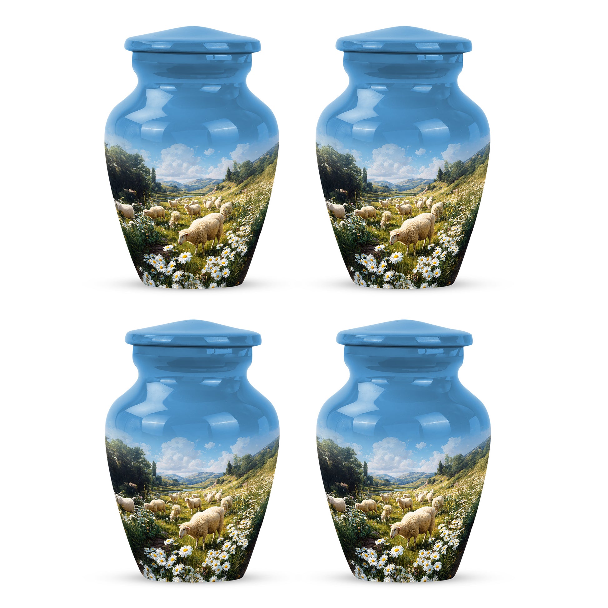 Sapphire Blue Daisy Cremation Urn side profile showing urn shape - elegant classic daisy relief with fine detailing - 10 inch aluminum urn for cremated remains