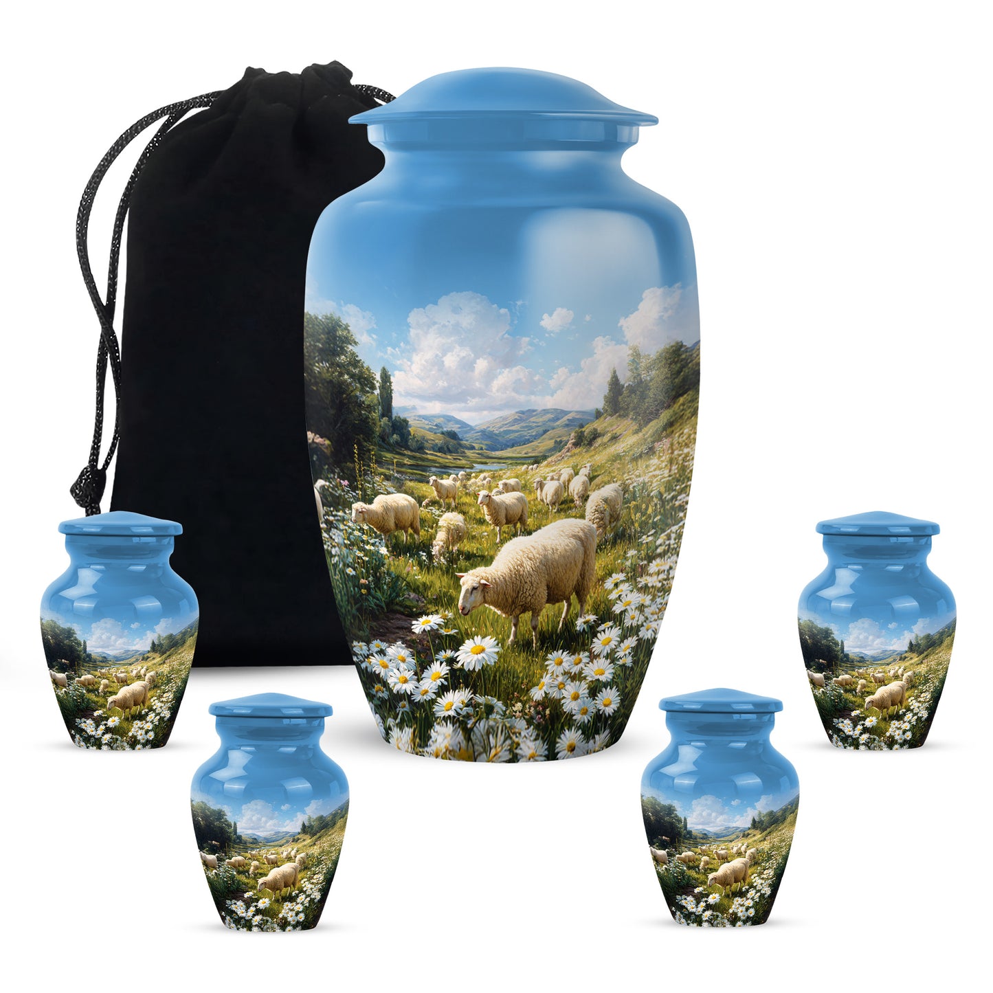Sky Blue Daisy Cremation Urn top-down view of secure threaded lid - classic sculpted daisy pattern on smooth aluminum - memorial set with one large and four small urns