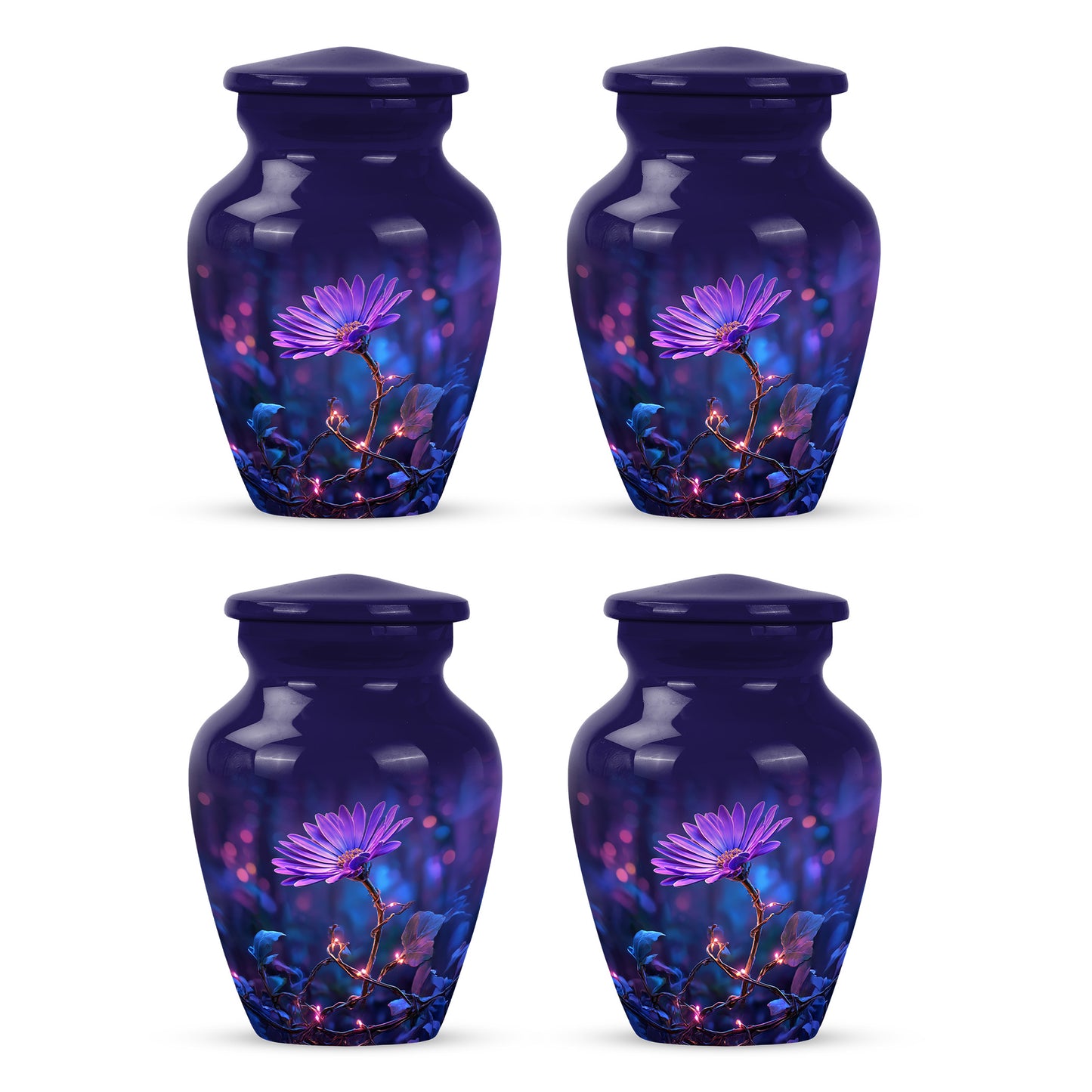 Indigo Daisy Cremation Urn side profile showing urn shape - timeless daisy motif etched into premium metal - 10 inch aluminum urn for cremated remains