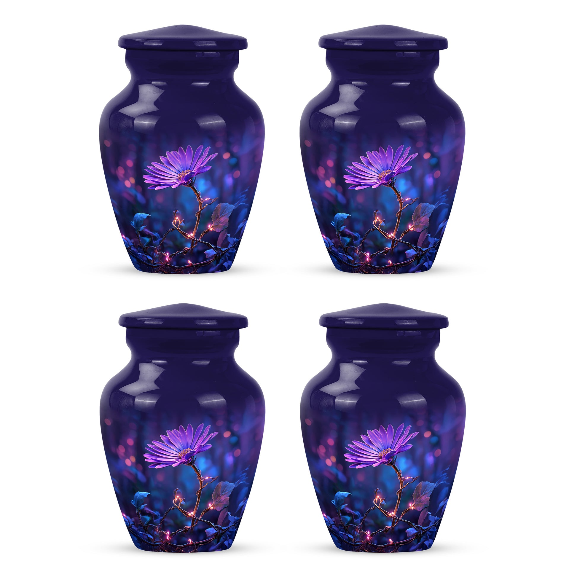 Indigo Daisy Cremation Urn side profile showing urn shape - timeless daisy motif etched into premium metal - 10 inch aluminum urn for cremated remains
