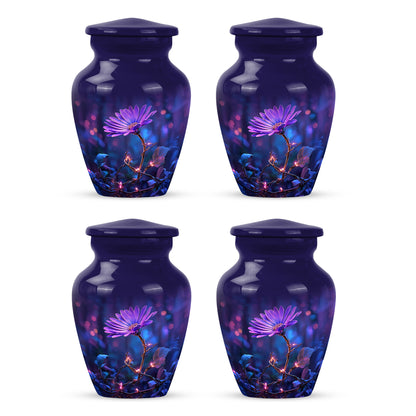 Indigo Daisy Cremation Urn side profile showing urn shape - timeless daisy motif etched into premium metal - 10 inch aluminum urn for cremated remains