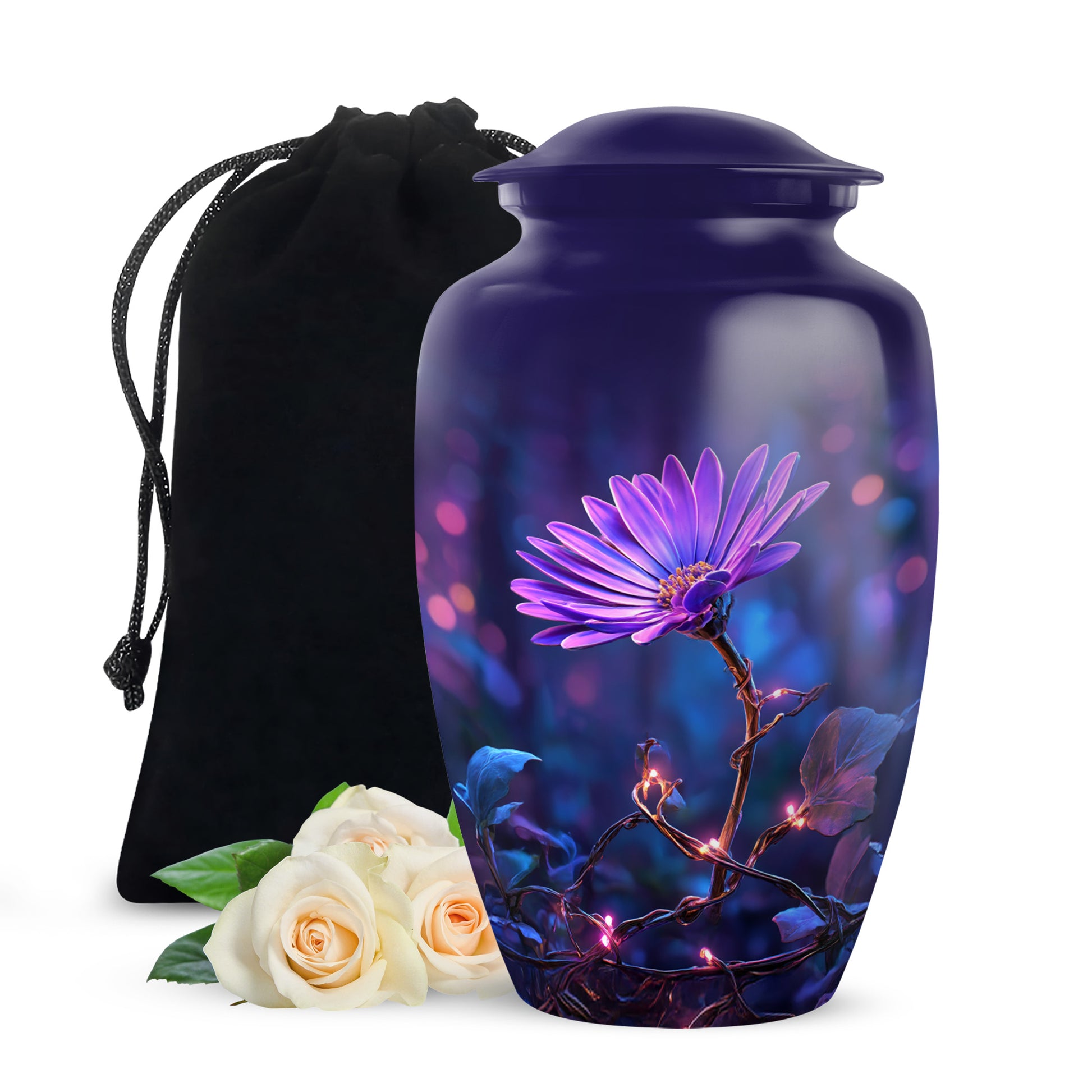 Celestial Blue Daisy Cremation Urn angled view of lid and engraved motif - timeless daisy motif etched into premium metal - full-size 10 inch 200 cubic inch adult cremation urn