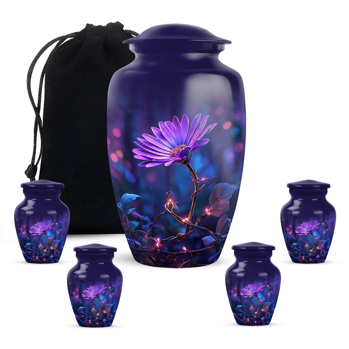 Cobalt Blue Daisy Cremation Urn top-down view of secure threaded lid - elegant classic daisy relief with fine detailing - memorial set with one large and four small urns
