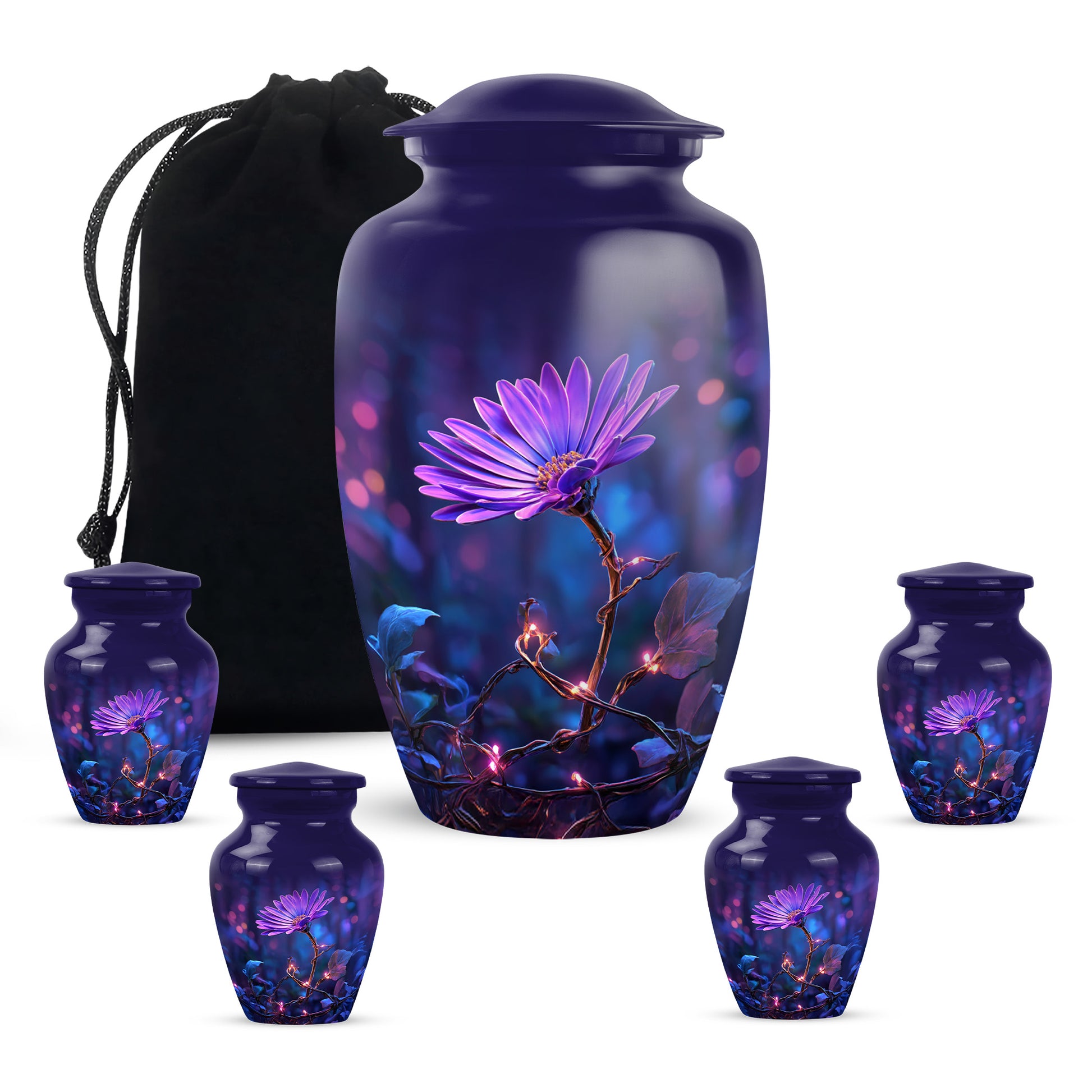 Cobalt Blue Daisy Cremation Urn top-down view of secure threaded lid - elegant classic daisy relief with fine detailing - memorial set with one large and four small urns
