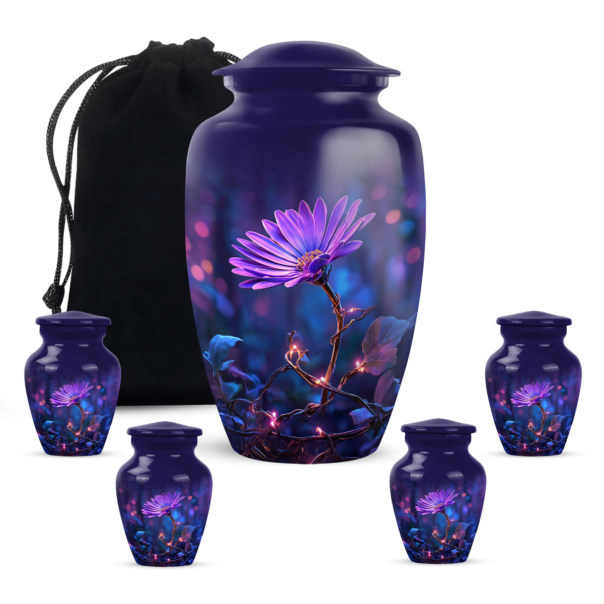Cobalt Blue Daisy Cremation Urn top-down view of secure threaded lid - elegant classic daisy relief with fine detailing - memorial set with one large and four small urns