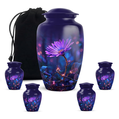 Cobalt Blue Daisy Cremation Urn top-down view of secure threaded lid - elegant classic daisy relief with fine detailing - memorial set with one large and four small urns