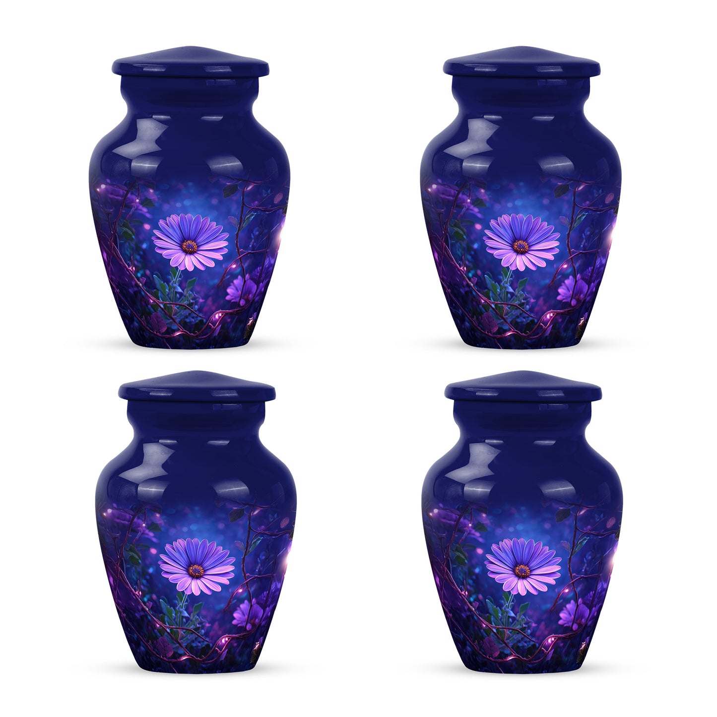Serene Blue Daisy Cremation Urn side profile showing urn shape - elegant classic daisy relief with fine detailing - 10 inch aluminum urn for cremated remains