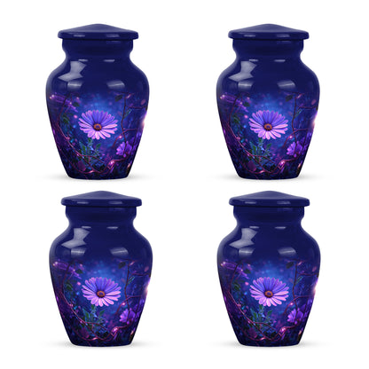 Serene Blue Daisy Cremation Urn side profile showing urn shape - elegant classic daisy relief with fine detailing - 10 inch aluminum urn for cremated remains
