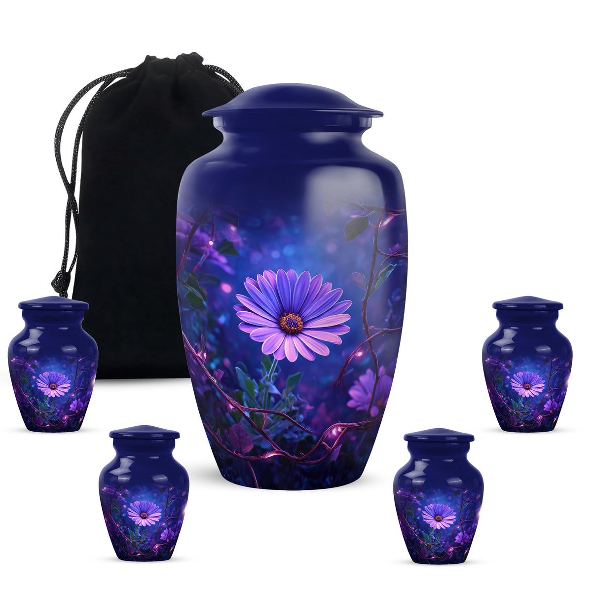 Azure Daisy Cremation Urn top-down view of secure threaded lid - classic sculpted daisy pattern on smooth aluminum - memorial set with one large and four small urns