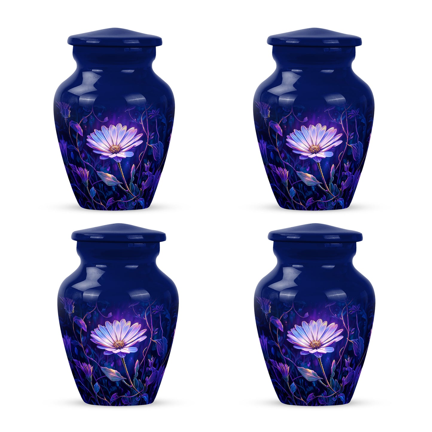 Cornflower Blue Daisy Cremation Urn side profile showing urn shape - traditional daisy engraving with hand-polished finish - 10 inch aluminum urn for cremated remains