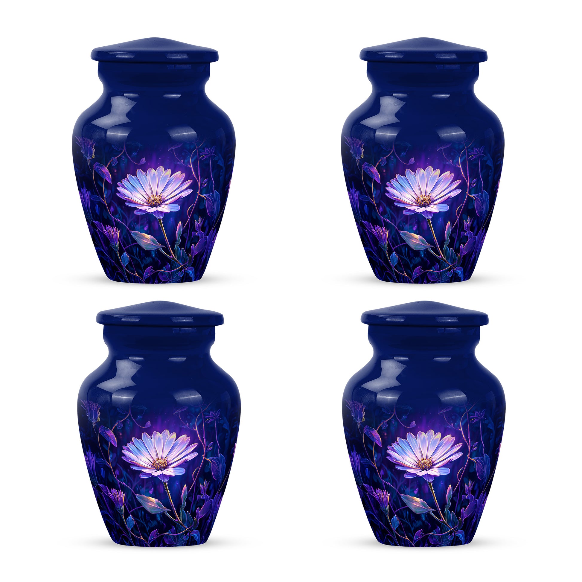 Cornflower Blue Daisy Cremation Urn side profile showing urn shape - traditional daisy engraving with hand-polished finish - 10 inch aluminum urn for cremated remains