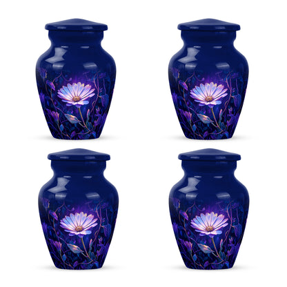 Cornflower Blue Daisy Cremation Urn side profile showing urn shape - traditional daisy engraving with hand-polished finish - 10 inch aluminum urn for cremated remains