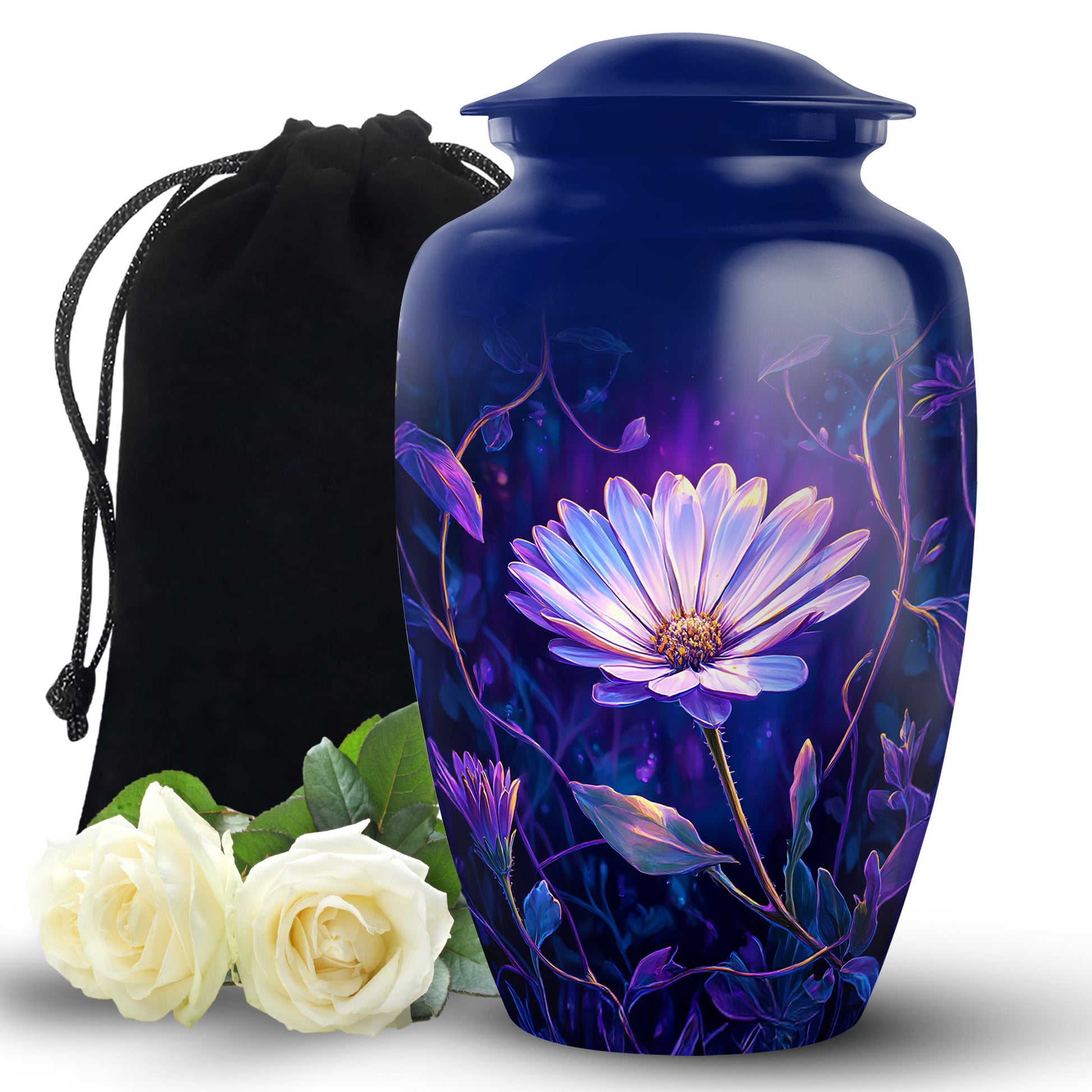 Vivid Blue Daisy Cremation Urn angled view of lid and engraved motif - traditional daisy engraving with hand-polished finish - full-size 10 inch 200 cubic inch adult cremation urn