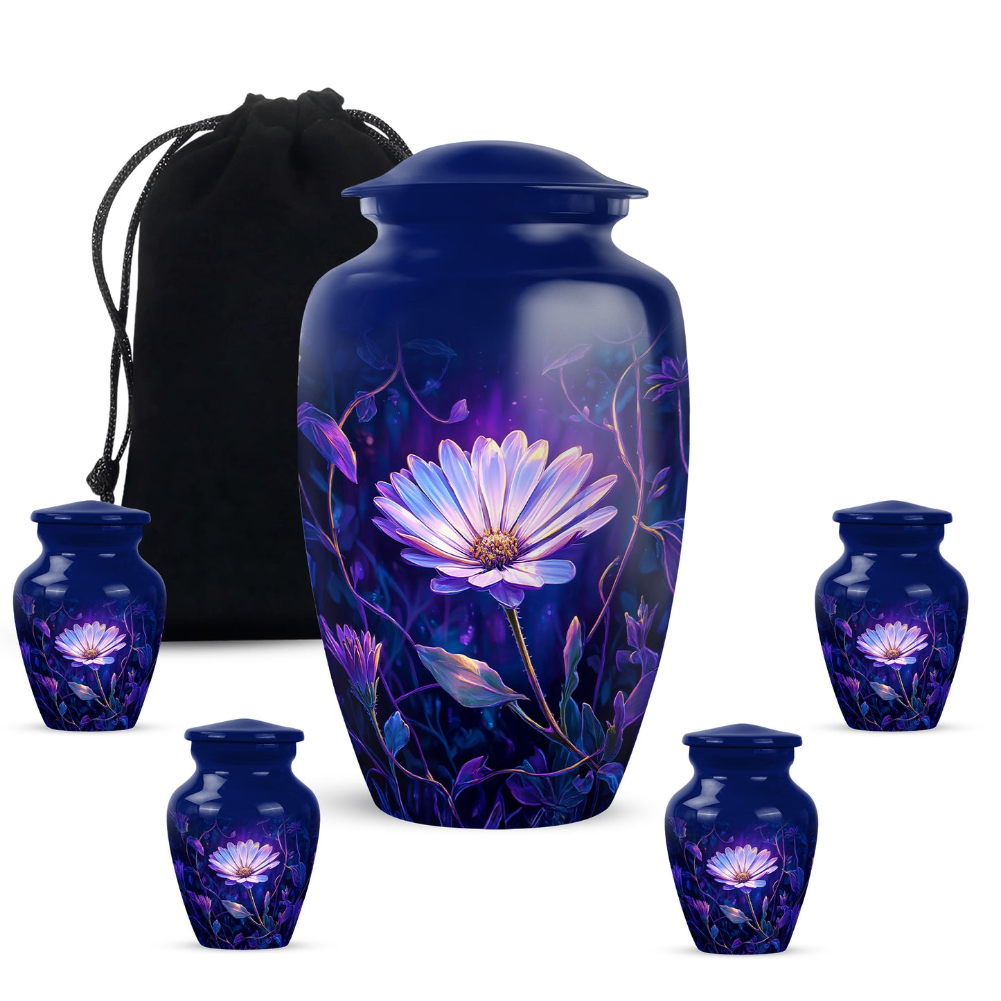 Navy Blue Daisy Cremation Urn top-down view of secure threaded lid - classic sculpted daisy pattern on smooth aluminum - memorial set with one large and four small urns
