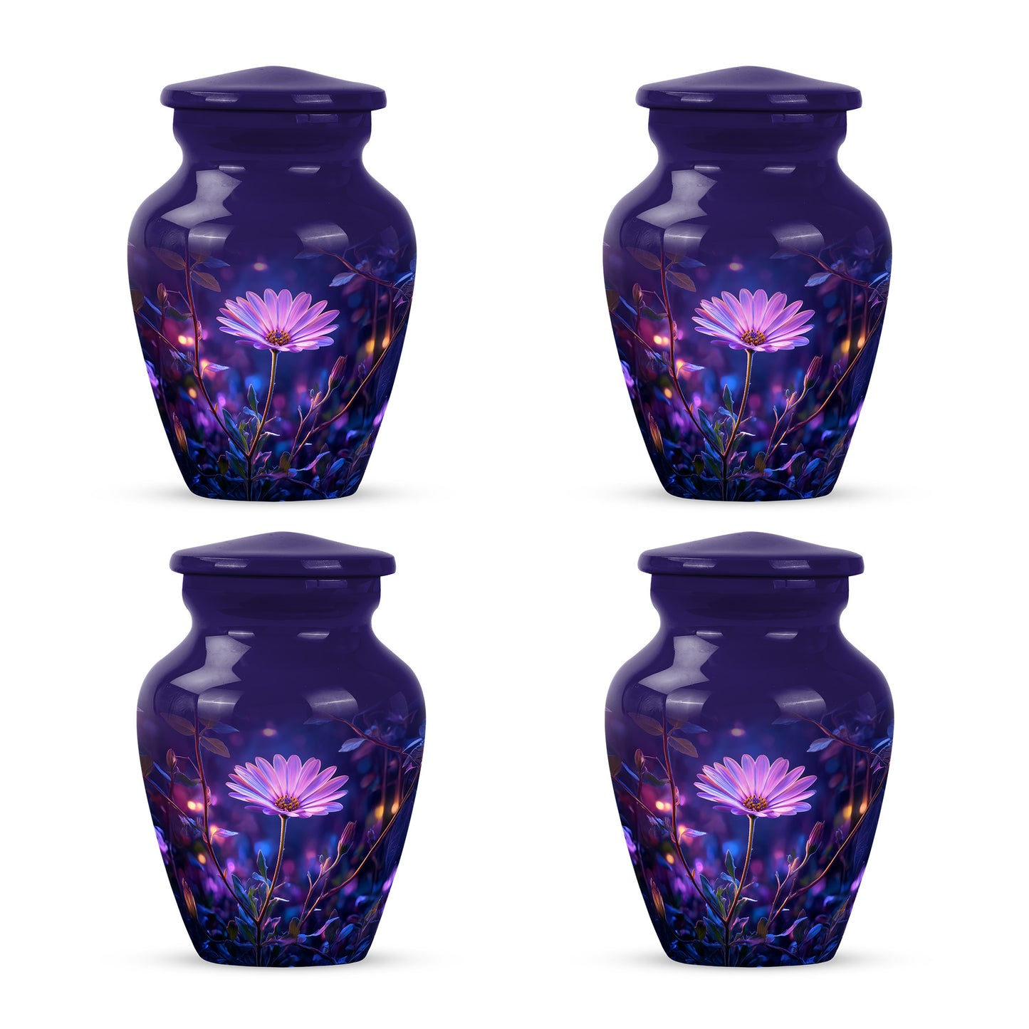 Dusty Blue Daisy Cremation Urn side profile showing urn shape - timeless daisy motif etched into premium metal - 10 inch aluminum urn for cremated remains