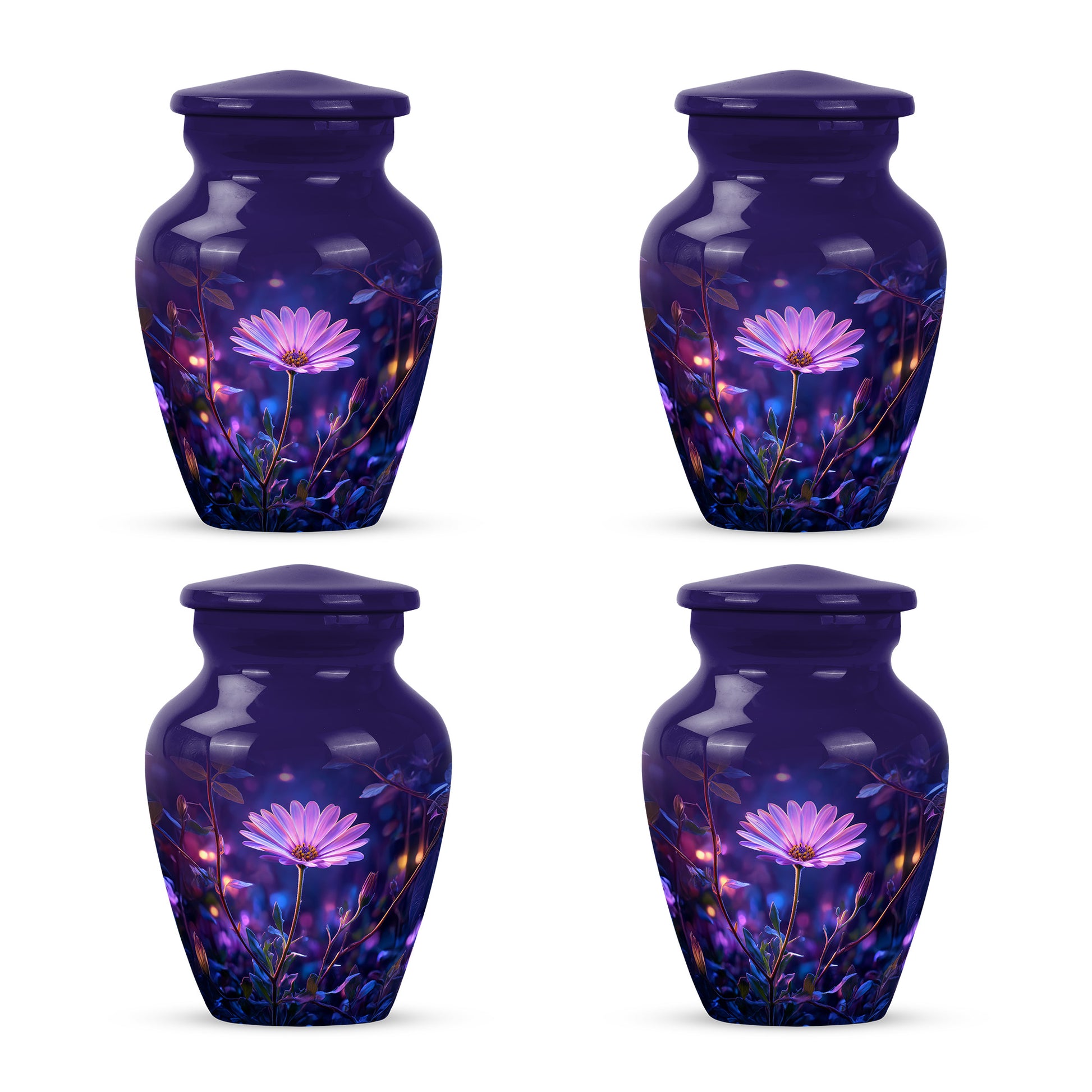 Dusty Blue Daisy Cremation Urn side profile showing urn shape - timeless daisy motif etched into premium metal - 10 inch aluminum urn for cremated remains
