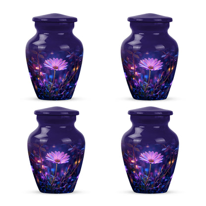 Dusty Blue Daisy Cremation Urn side profile showing urn shape - timeless daisy motif etched into premium metal - 10 inch aluminum urn for cremated remains