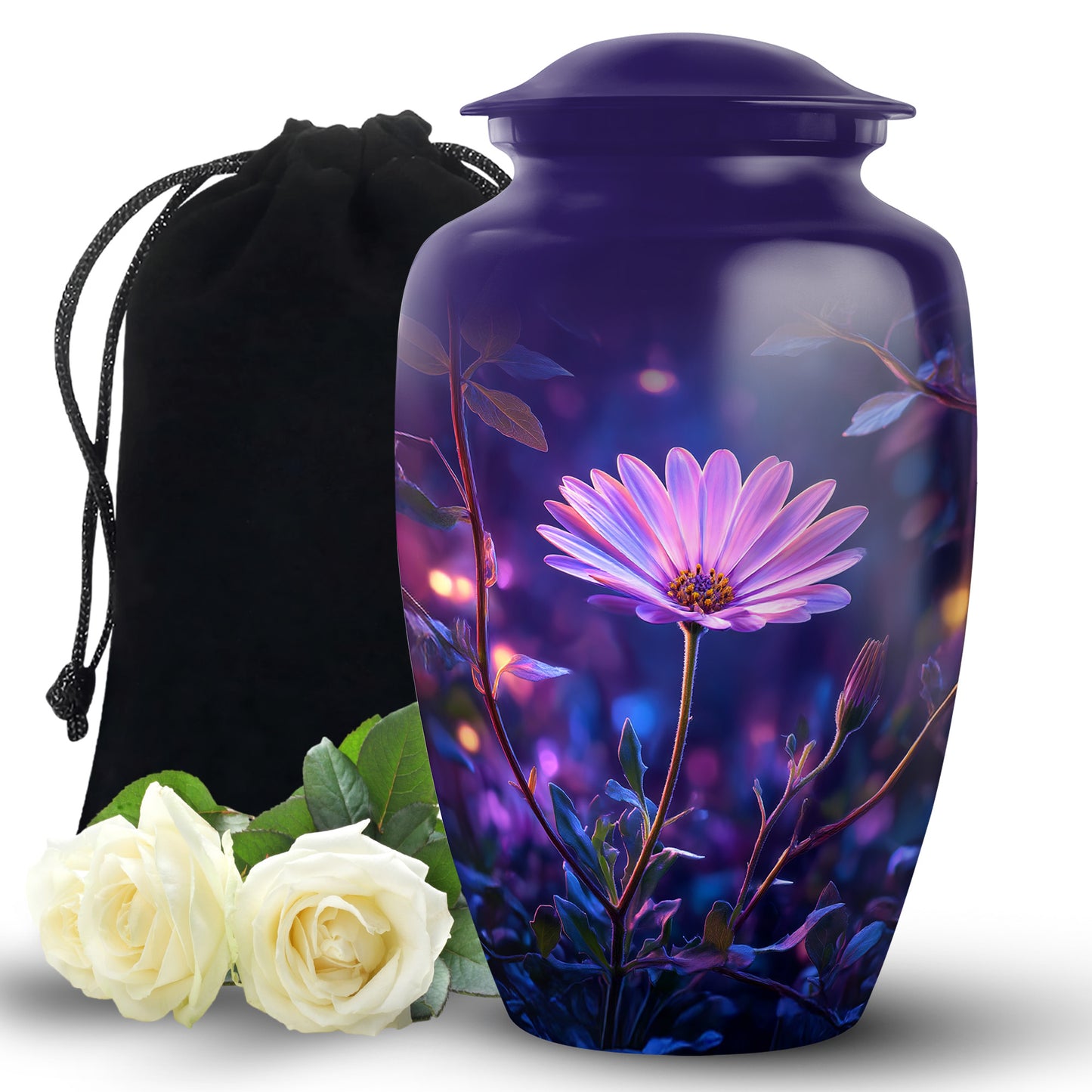 Slate Blue Daisy Cremation Urn angled view of lid and engraved motif - timeless daisy motif etched into premium metal - full-size 10 inch 200 cubic inch adult cremation urn