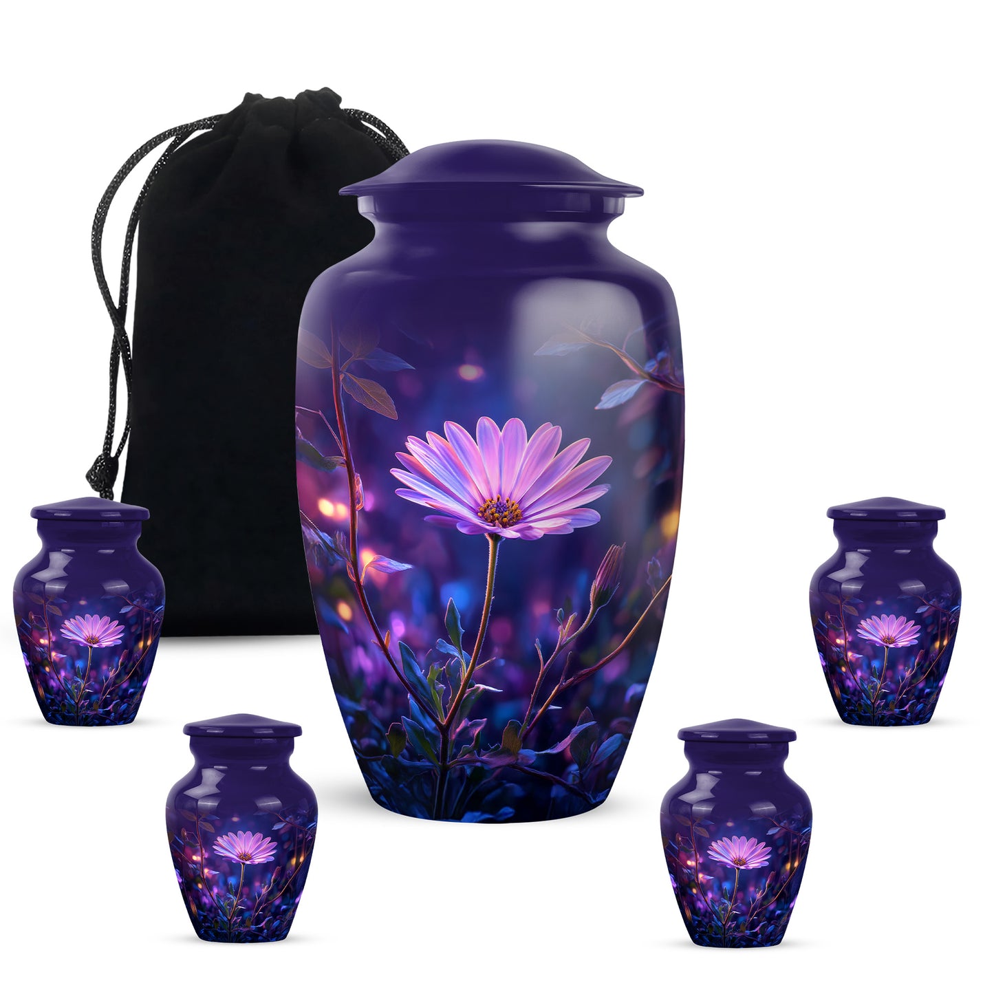 Royal Blue Daisy Cremation Urn top-down view of secure threaded lid - elegant classic daisy relief with fine detailing - memorial set with one large and four small urns