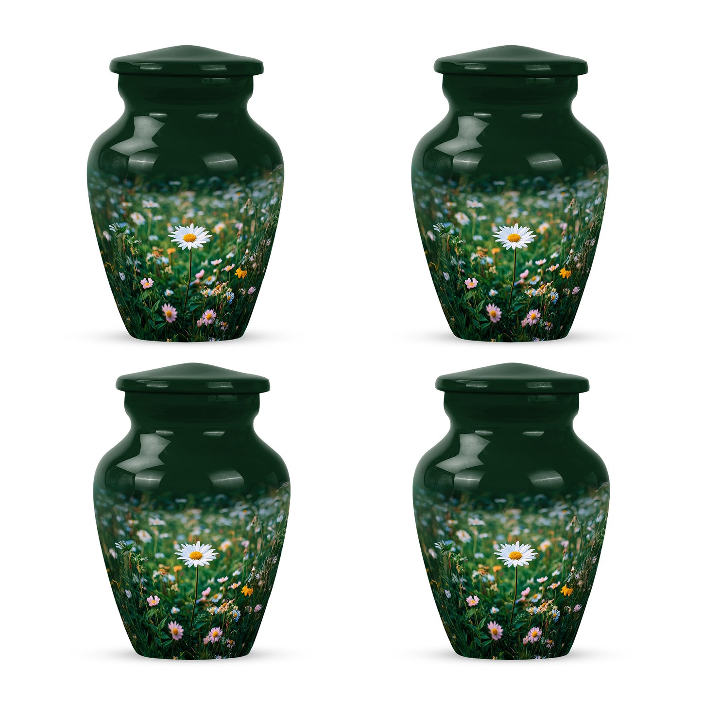 Mint Green Daisy Cremation Urn side profile showing urn shape - elegant classic daisy relief with fine detailing - 10 inch aluminum urn for cremated remains